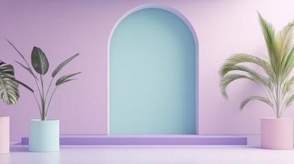 Aufkleber - Modern Minimalist Scene: Pastel Colors, Archway, and Tropical Plants for Backgrounds and Creative Projects