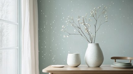 Aufkleber - Still Life with Vase, Flowers, and Dishes on Wooden Table Against Green Wall with Abstract White Dots