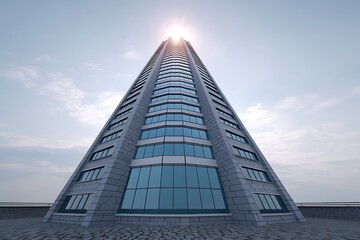 Wall Mural - modern pyramid skyscraper with sunlit urban scene.