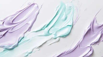Poster - Delicate strokes of light purple and mint cosmetic cream textures on a white backdrop creating an elegant design
