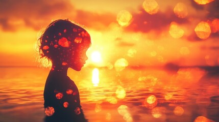Poster - Child's Silhouette at Sunset: Reflective Serenity by the Water's Edge with a Luminous Sky