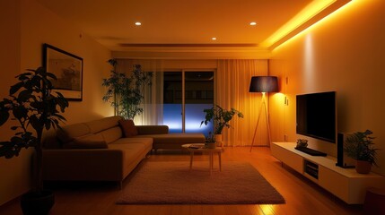 Aufkleber - Cozy Living Room Interior with Warm Lighting, Comfortable Sofa, and Indoor Plants for Relaxation and Home Decor