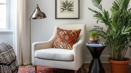 Aufkleber - Interior design showcasing a textured armchair, geometric cushion, decorative plant, side table, and wall art