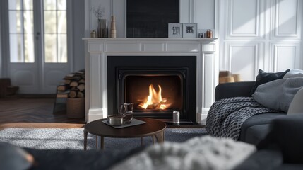 Aufkleber - Cozy Living Room with Fireplace and Modern Decor: Tranquil Indoor Scene
