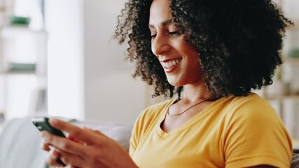 Poster - Woman, smile and typing with phone on sofa for social media post, streaming service and text message response. Home, African person and smartphone for app download, email notification or reading chat