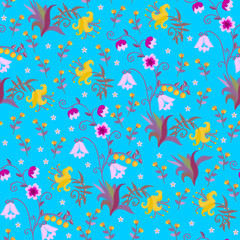 Wall Mural - Delicate seamless pattern with embroidered pink, purple and yellow flowers and berries on a sky-blue background. Fabric print. Floral embroidery.