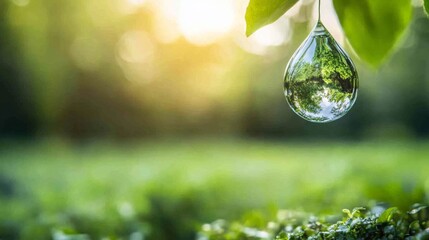 Poster - A single water droplet hangs from a green leaf, capturing a miniature forest's reflection. The background is softly blurred, enhancing the tranquil, ecological feel