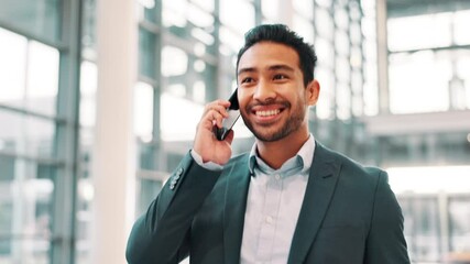Aufkleber - Business man, phone call and happy in lobby with contact for b2b networking, market update or investing at company. Person, smartphone and smile with talking, financial advice and feedback at agency