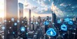 © VideoFlow - Futuristic city skyline with glowing digital cloud and cybersecurity icons connected across tall buildings on sunset background, concept of business data. Ai generative