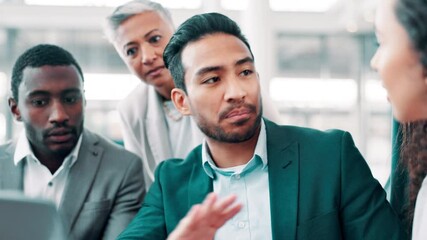 Fototapete - Business people, discussion and laptop with training, planning and project management for website review. Collaboration, corporate meeting and men with women for proposal, ideas and online strategy
