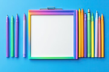 Colorful pens and whiteboard frame on a vibrant blue background