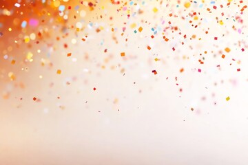 Fototapete - A dynamic display of vibrant, multi-colored particles floats gracefully, forming a wave-like pattern against a soft, neutral backdrop with ample copy space