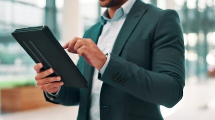 Poster - Hands, businessman and walking with tablet in office for investment banking, finance and app for budget. Corporate worker, technology and check email for profit update, economy news and scroll online