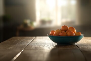 Poster - Fresh fruits are arranged in a ceramic bowl on a wooden table, with soft sunlight streaming through a window creating gentle shadows, providing an inviting atmosphere