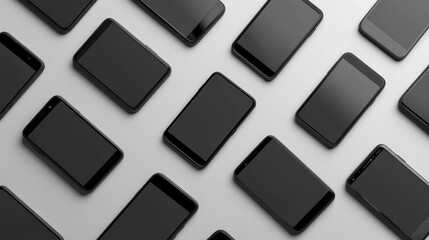 Wall Mural - many black smartphones arranged in diagonal pattern on white background.