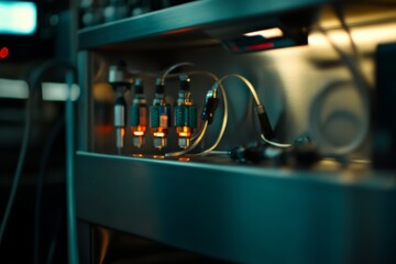 Aufkleber - Intricate machinery features glowing blue and green components with detailed tubing, illuminated by ambient lighting, suitable for futuristic technology contexts