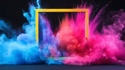 Wall Mural - vibrant color powder explosion behind a yellow square frame on black background.