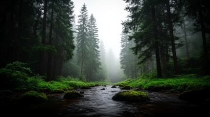 Aufkleber - A peaceful stream flows gently through a verdant park, with mossy rocks lining the banks and tall trees reflected in the clear water, creating a serene atmosphere