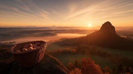 Poster - Panoramic view captures a towering mountain peak surrounded by vibrant autumn colors, with mist curling through the valley during the peaceful golden hour