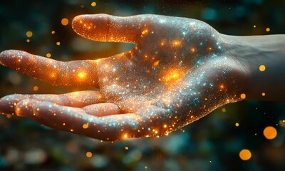 Wall Mural - A glowing hand releasing sparkling particles in a serene outdoor setting with blurred foliage