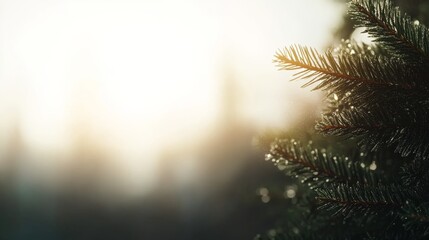 Aufkleber - Green pine branches adorned with sparkling snowflakes create a serene holiday mood. The soft bokeh background enhances the tranquil beauty of this winter scene