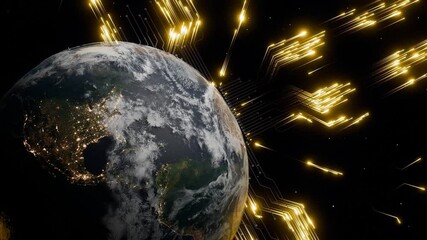 Wall Mural - planet earth with visible north america at night and glowing golden digital arrows in outer space. 3