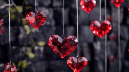 Canvas Print - red crystal hearts hanging against a dark stone wall.