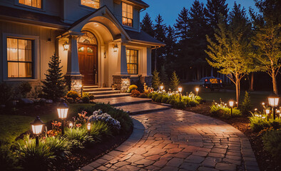 Poster - House with a large front door and a walkway lit up with lights. The walkway is lined with bushes and flowers