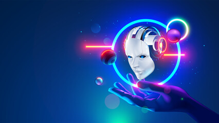 Leinwandbilder - AI or artificial intelligence in the form of a head robot or cyborg over human hand in cyberspace. Electronic brain hanging over palm hand. AI chat bot. AI assistant development. Retro futurism.