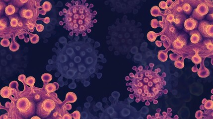 Wall Mural - microscopic view of viruses, pink and blue viral particles on dark background.