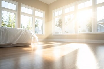 Poster - Bright sunlight filters into a contemporary bedroom with a single bed dressed in white linens, creating a serene atmosphere with minimal decor