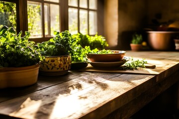 Poster - Sunlight streams into a rustic farmhouse kitchen, casting light on a wooden table abundant with fresh vegetables, herbs, and a ceramic mixing bowl
