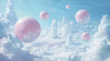 Wall Mural - pink transparent spheres float above a fluffy cloud landscape under a bright sky.