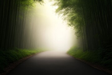 Poster - A mist-covered path winds through towering bamboo stalks, creating a tranquil tunnel that beckons adventurers into the heart of nature's beauty