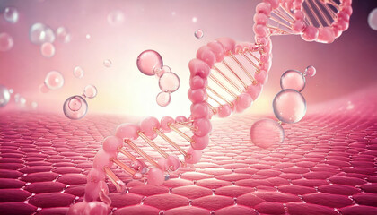 Poster - 3D render of glowing pink serum molecules with DNA strands inside, gently resting on smooth surface, creating futuristic and scientific atmosphere