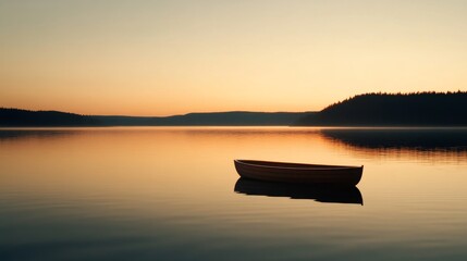 Poster - A solitary boat drifts on a tranquil river under a clear sky, creating a peaceful reflection on the water's surface during sunset