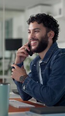 Aufkleber - Phone call, negotiation and man in office with networking for client approval on project. Contact, cellphone and male creative director on mobile discussion for business communication in workplace.
