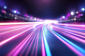 Aufkleber - Vibrant pink and blue wave lines shine on a dark background, creating a futuristic look. Soft bokeh lights enhance depth, perfect for a tech-inspired design