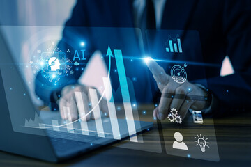 male executive analyzing marketing performance with virtual dashboard using artificial intelligence 