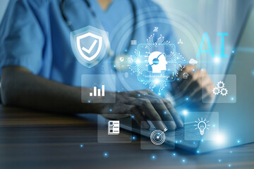 Wall Mural - doctor analyzing healthcare ai system on laptop with futuristic digital medical interface for diagno