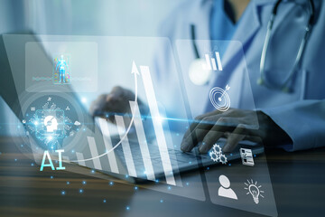 Wall Mural - hand typing on laptop with ai technology dashboard displaying secure data analysis for business inte