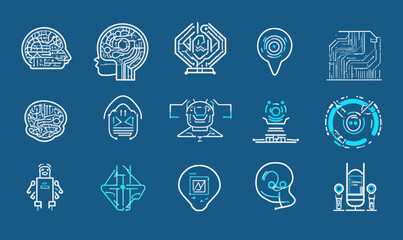 Wall Mural - ai technology and machine learning icon set in minimalist style for cybernetic solutions