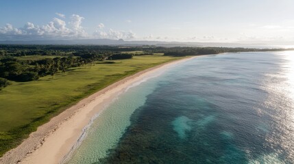 Poster - This aerial view captures a serene tropical beach with soft sand, clear azure waters, and lush palm trees swaying gently in the sunlight, perfect for unwinding