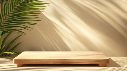 Wall Mural - Empty wooden platform with palm leaf and sunlight shadows.