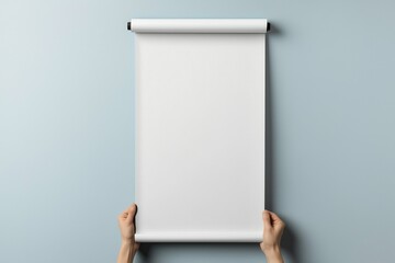 Aufkleber - Unfurling creativity: A blank white scroll descends against a serene blue backdrop, held by hands, ready to be filled with inspiration.