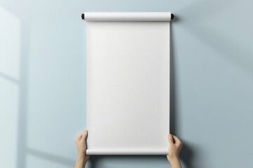 Aufkleber - A blank white scroll or paper roll is held against a light blue wall. Perfect for presentations, art projects, or showcasing designs.