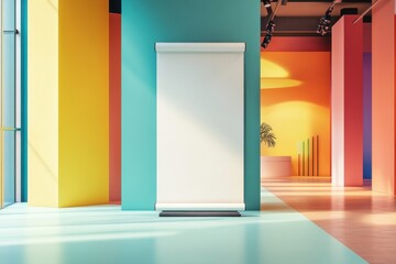 Fototapete - Modern art gallery interior with a blank projection screen, colorful walls and sunlight creating aesthetic and vibrant atmosphere.