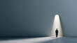 © pattozher - Illumination Path: A silhouette of a man stands alone, gazing towards a bright opening, symbolizing opportunity and the unknown, in a minimalist setting.
