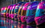 Row of colorful racing helmets, vibrant hues, and glossy finishes.  Reflective surfaces and wet track