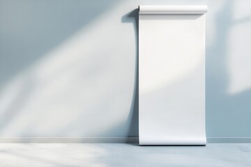 Aufkleber - Minimalist interior featuring a blank white scroll hanging against a light blue wall, casting shadows on the floor, creating a clean and spacious feel.
